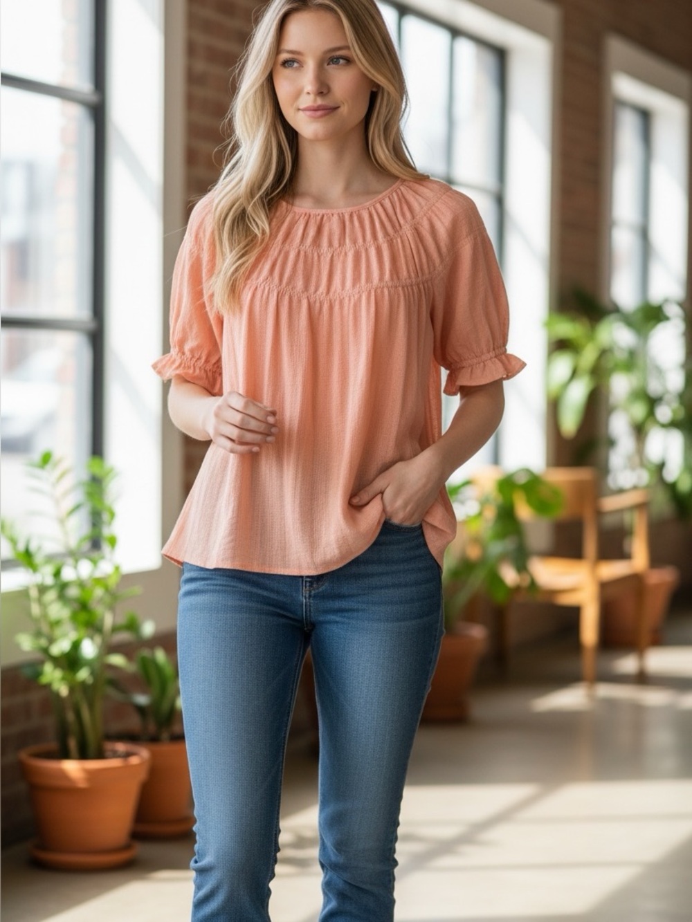 Peach Short-Sleeve Peasant Top - Women's Casual